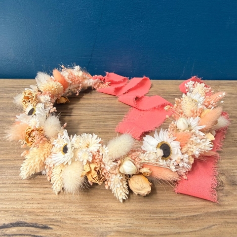 Dried flower crown headband with peach cream and blush everlasting flowers