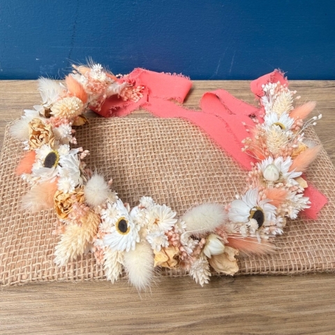 Dried flower crown headband with peach cream and blush everlasting flowers