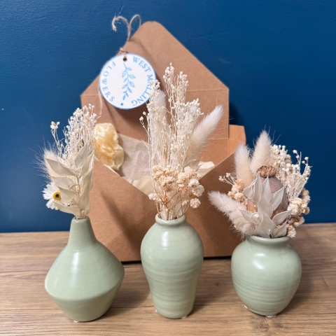 Dried flower gift set with three ceramic mini vases in kraft envelope packaging