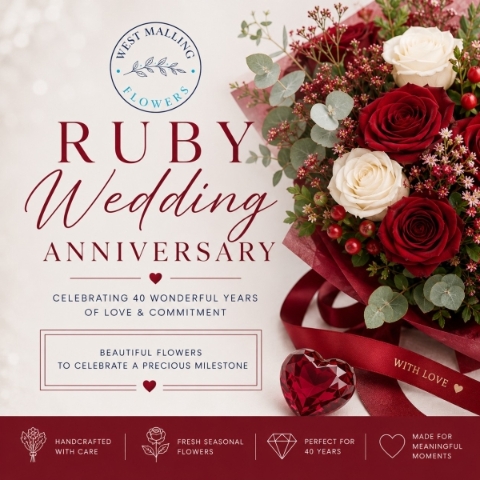 Ruby wedding anniversary bouquet handcrafted by West Malling Flowers