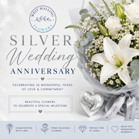 Elegant silver wedding anniversary bouquet by West Malling Flowers