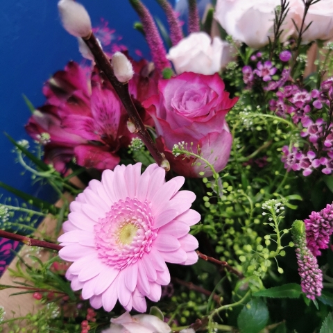 pale pink and cerise hand-tied bouquet West Malling Flowers