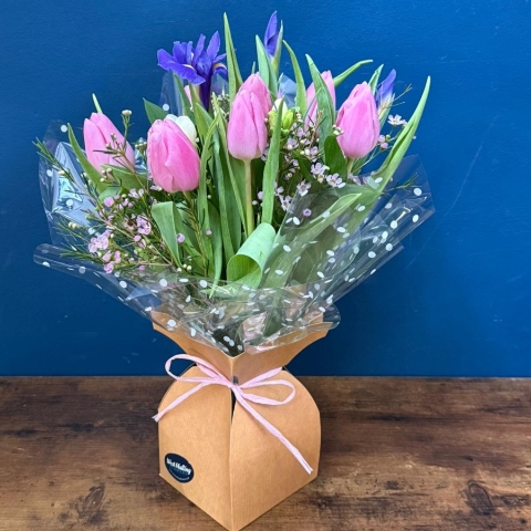 Pastel spring mini hand tied bouquet in pink and white flowers