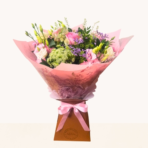 Summer Blush pastel hand-tied bouquet with soft pink, cream and lilac seasonal flowers