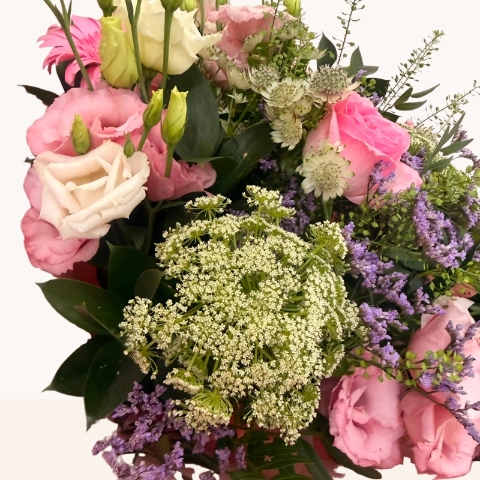 Summer Blush pastel hand-tied bouquet with soft pink, cream and lilac seasonal flowers