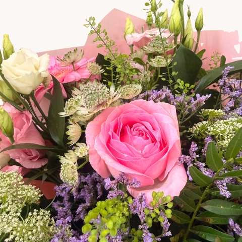Summer Blush pastel hand-tied bouquet with soft pink, cream and lilac seasonal flowers
