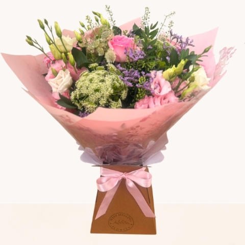 Summer Blush pastel hand-tied bouquet with soft pink, cream and lilac seasonal flowers