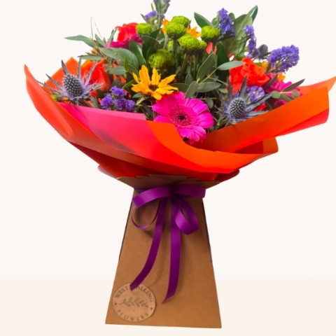 Summer Splash vibrant hand-tied bouquet with bright pink, orange, purple and blue seasonal flowers