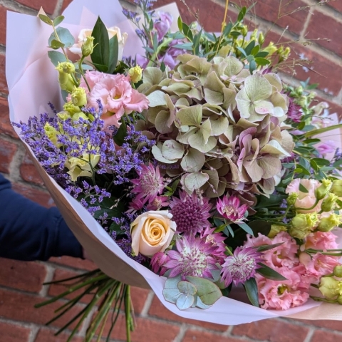Autumn Blush hand-tied bouquet with blush roses and soft pink, champagne and lilac seasonal flowers