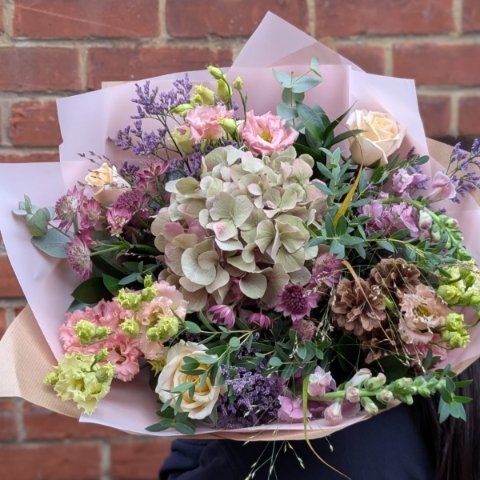 Autumn Blush hand-tied bouquet with blush roses and soft pink, champagne and lilac seasonal flowers