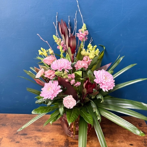 Deluxe Mother’s Day vase arrangement in a pink glass vase with soft romantic flowers, Paris collection West Malling florist