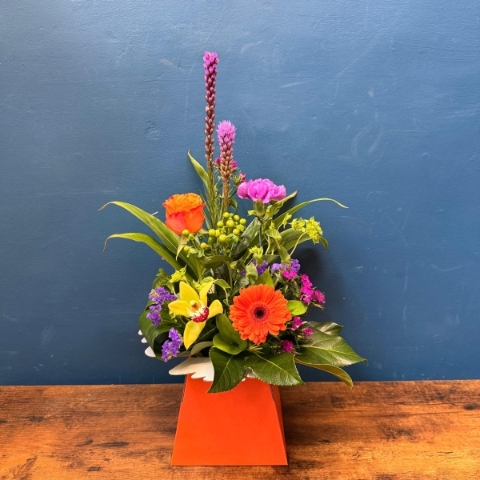 Bright Mother’s Day box arrangement with colourful seasonal flowers in the New York range, handmade by a West Malling florist