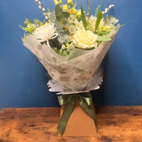 Deluxe London hand tied Mother’s Day bouquet with extra flowers in a fresh modern colour palette, West Malling flower shop