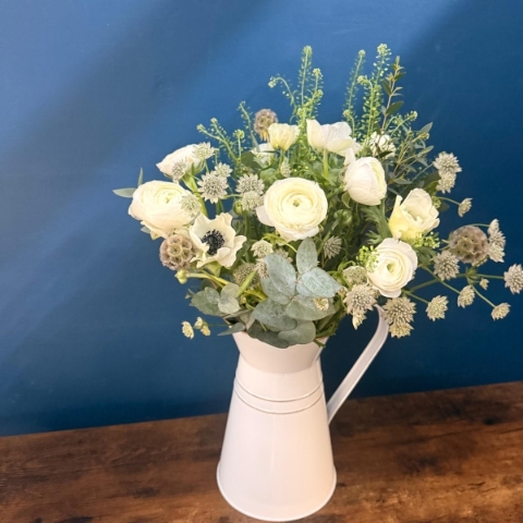 Mother’s Day flower arrangement in a white jug with fresh seasonal flowers, London collection West Malling florist delivery