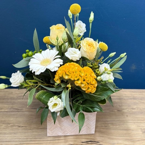 Citrus summer flower box arrangement with yellow white seasonal flowers in square box
