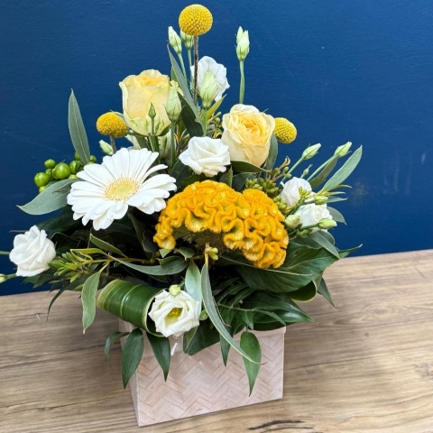 Citrus summer flower box arrangement with yellow white seasonal flowers in square box