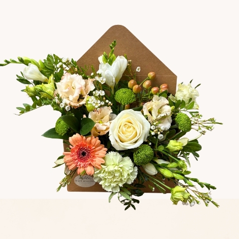 Summer Glow flower envelope with peach, cream, white and green seasonal flowers with optional chocolates