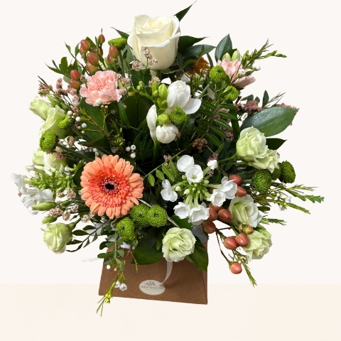 Summer Glow flower box arrangement with peach, white and green seasonal flowers by West Malling Flowers