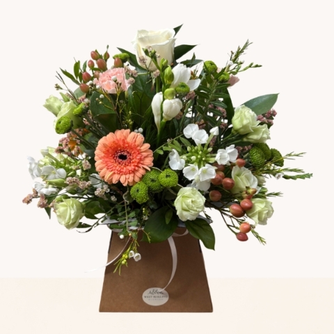 Summer Glow flower box arrangement with peach, white and green seasonal flowers by West Malling Flowers