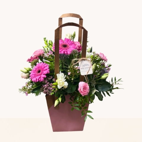 Summer Splash flower bag arrangement with vibrant pink, purple and white seasonal flowers by West Malling Flowers