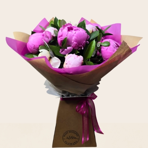 Mixed peony bouquet with pink coral blush and white seasonal peonies