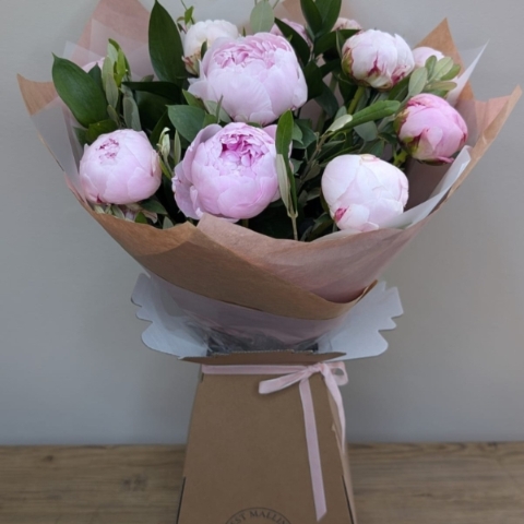Luxury Sarah Bernhardt peony bouquet with soft blush pink seasonal peonies