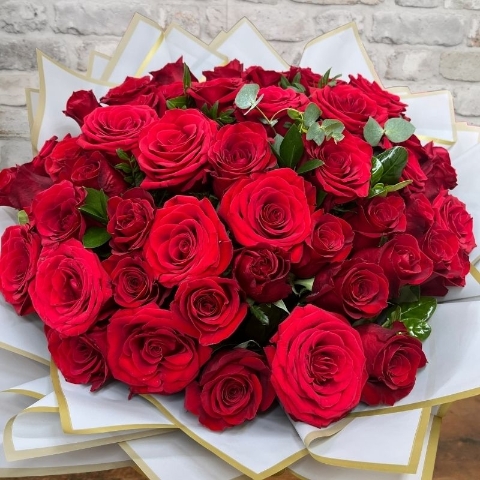 luxury 50 red rose hand-tied bouquet by West Malling Flowers
