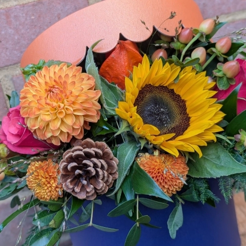 Autumn Glow Hat Box Flower Arrangement