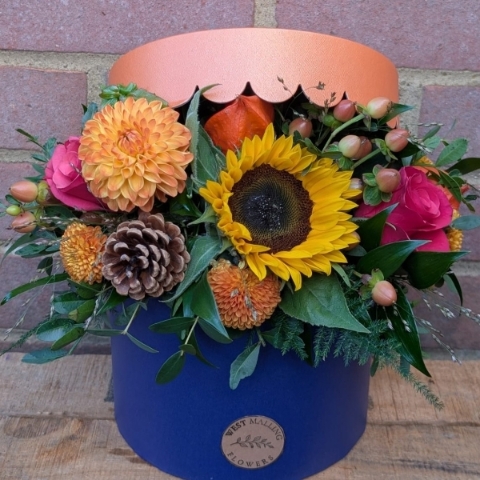 Autumn Glow Hat Box Flower Arrangement