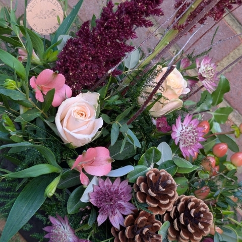 Autumn Haze melamine trough arrangement with peach, blush, bronze and burgundy seasonal flowers