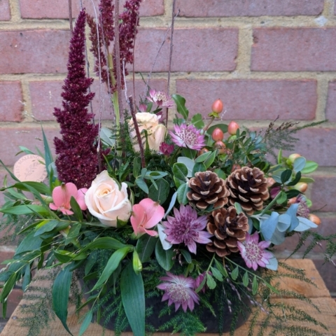 Autumn Haze melamine trough arrangement with peach, blush, bronze and burgundy seasonal flowers